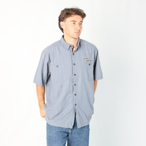 Blue 90s Harley Davidson Short Sleeve Shirt (XL)